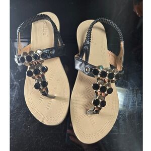 SIKETU Women Black Embellished Thong Wedge Sandals Size 7.5